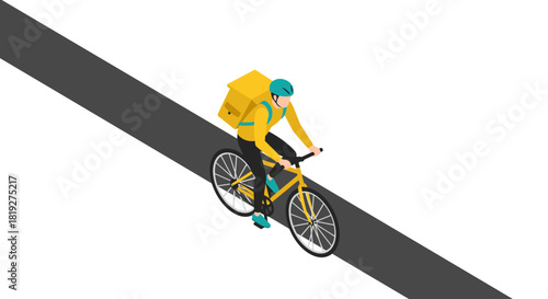 Isometric delivery cyclist on road in yellow uniform and helmet
