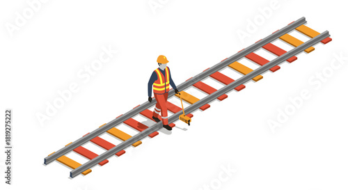 Isometric construction worker on railway track in safety gear
