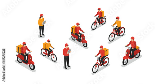 Isometric delivery workers riding scooters and bicycles in red uniforms