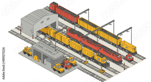 Isometric railway yard with colorful trains and industrial buildings