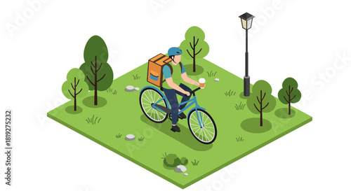 Isometric delivery cyclist in parkland setting with trees and lamp post