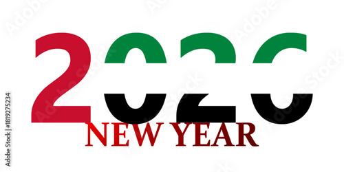 Happy New Year 2020 greeting with numbers stylized in the colors of the United Arab Emirates flag on a white background.