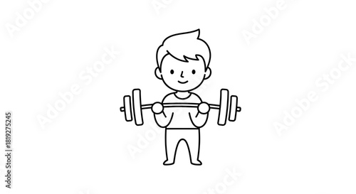 Line art cartoon of boy lifting a barbell in fitness training exercising and bodybuilding