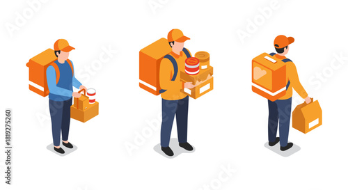 Isometric delivery people carrying packages in uniforms and caps