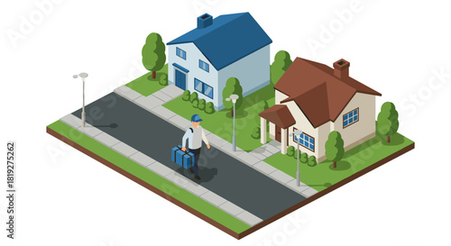 Isometric neighborhood with houses and a delivery person on a street