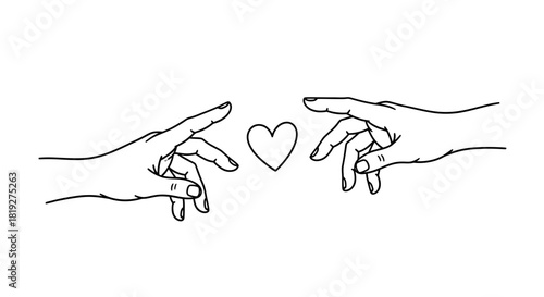 Line art depiction of hands reaching for a heart conveys themes of connection and love