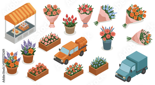 Isometric flower market with trucks and floral bouquets