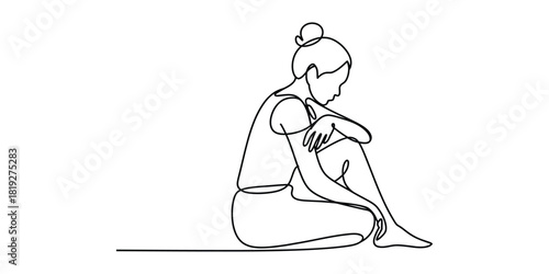 Continuous line art of a lonely woman sitting in pensive quietude.