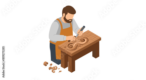 Isometric woodworking scene with craftsman carving decorative pattern on wooden table