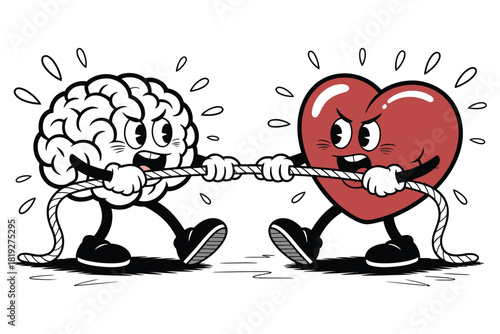 An anthropomorphic brain and a cartoon heart character are locked in a tense tug-of-war, pulling on a rope with all their might.