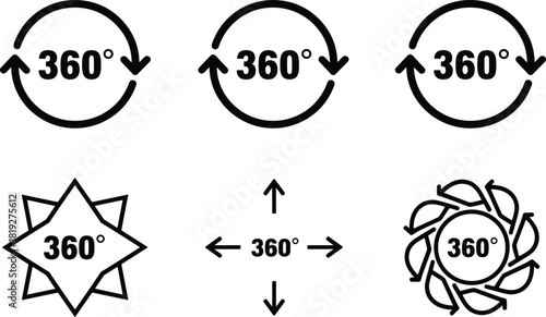 Set of black outline 360-degree rotation and circular view icons with arrows, representing virtual reality, full scope, reload, and orbital movement symbols.