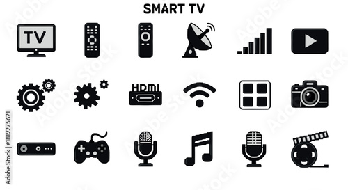 Modern smart tv icons: remote, satellite, wi-fi, camera, gaming, and audio symbols
