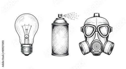 Hand drawn light bulb, spray can, and gas mask in vintage style on white background