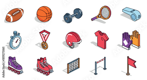 Colorful isometric icons of sports equipment and accessories collection