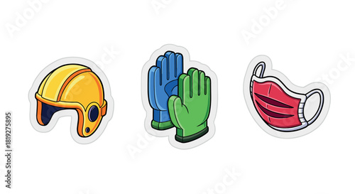 Cartoon safety gear stickers: helmet, gloves, mask for protective equipment