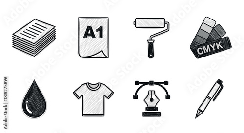 Sketch style printing and design tools icons for creative projects