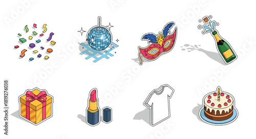 Celebration icons: disco ball, party mask, champagne, and more in colorful style