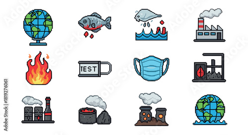 Climate change icons set featuring pollution and environmental impact in pixel art style