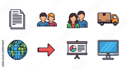 Flat pixel art icons of documents, team, delivery, globe, presentation, and computer display