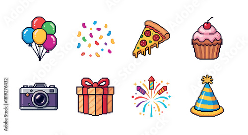 Pixel art celebration icons: balloons, confetti, pizza, cupcake, camera, gift, fireworks, party hat