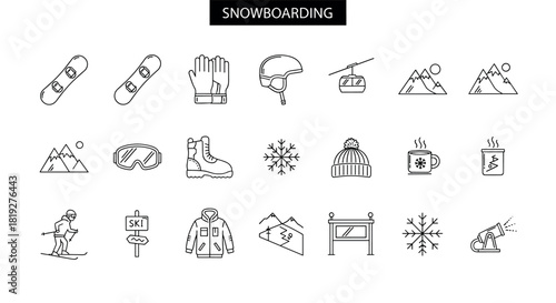 Minimalist snowboarding icons set featuring equipment and winter sports symbols
