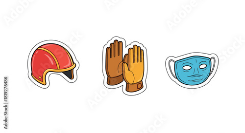 Safety equipment stickers: helmet, gloves, and mask for protection awareness
