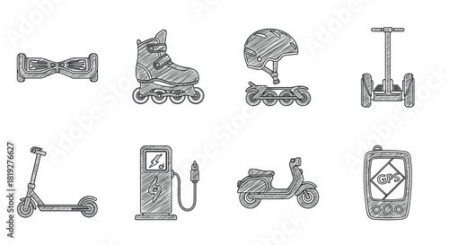 Transportation icons in sketch style: scooter, helmet, gps, and more