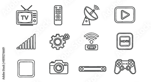 Modern media and technology line icons set for digital interfaces