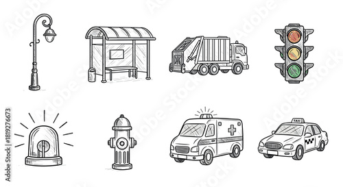 Hand drawn urban transport and infrastructure icon set with sketched style