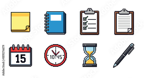 Pixel art office collection: icons for task management and planning