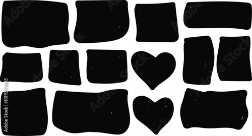 Hand drawn black shapes on white background including rectangles and hearts