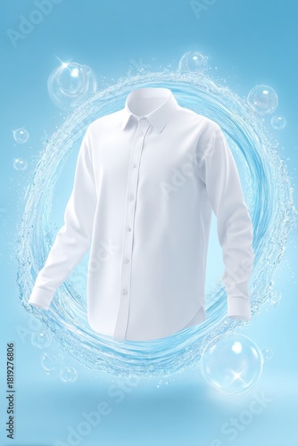 Crisp, clean white shirt surrounded by swirling water and bubbles, symbolizing freshness and purity.