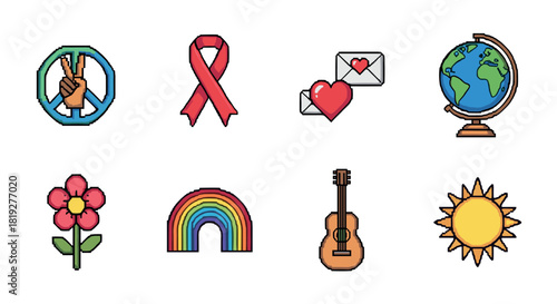 Colorful pixel art icons: peace, awareness, love, and nature symbols