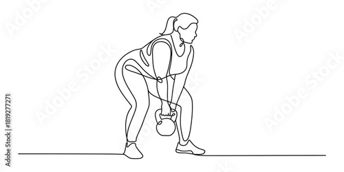 Continuous line art of woman performing kettlebell fitness workout