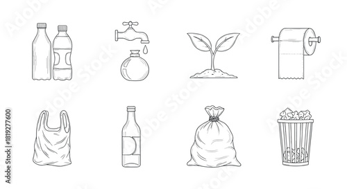 Eco-friendly icons: recycling, water conservation, and sustainable living essentials