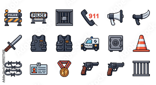 Police and law enforcement icons set for digital design projects