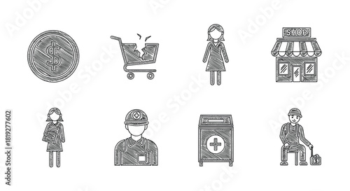 Sketch style icons of shopping, medicine, and people in urban context