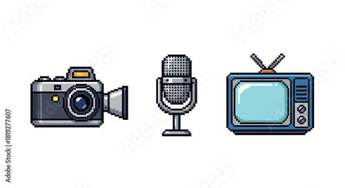 Retro pixel art set: camera, microphone, and television icons in 8-bit style