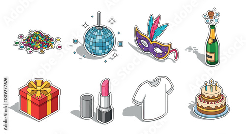 Colorful celebration icons featuring disco ball, mask, champagne, and party elements
