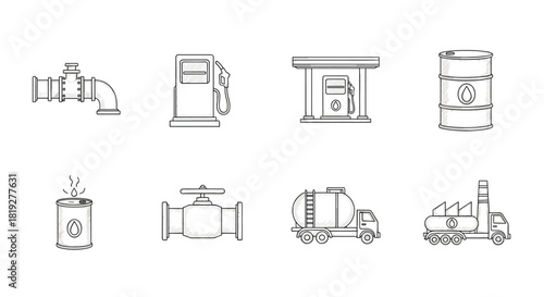 Hand-drawn petroleum icons set: pumps, barrels, and pipelines