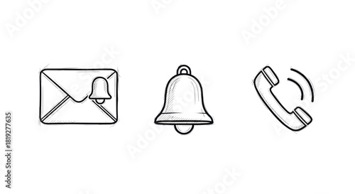 Hand drawn notification icons: email, bell, phone alert symbols in sketch style