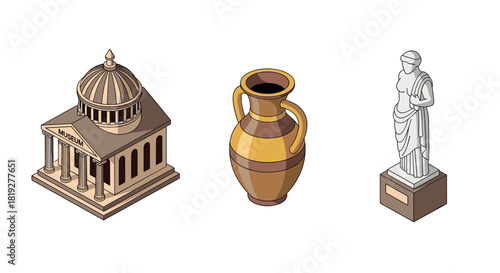 Isometric museum elements: ancient building, vase, classical statue