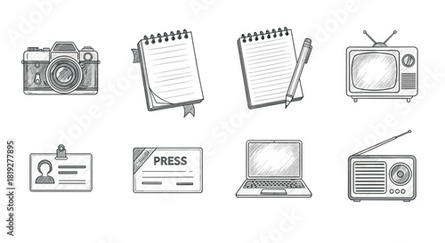 Retro sketch icons: camera, notebook, tv, radio, laptop, id card, and press badge