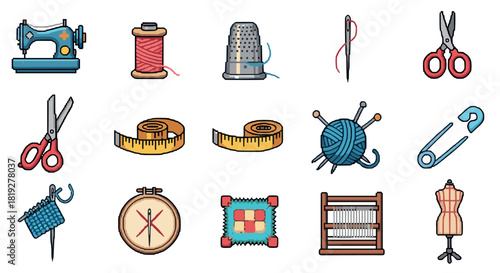 Charming sewing and knitting tools set with retro pixel art style