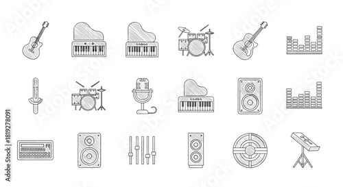 Linear music instrument icons featuring guitar, piano, and studio equipment