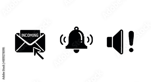 Notification alert icons: envelope, bell, and speaker set in silhouette style