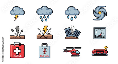 Weather and disaster emergency icons in retro pixel art style