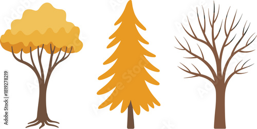 Vector illustration set of three stylized seasonal trees: autumn deciduous, yellow conifer, and bare winter tree isolated