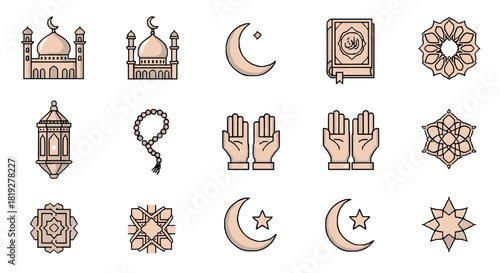 Elegant line icons of islamic symbols for spiritual and cultural celebrations