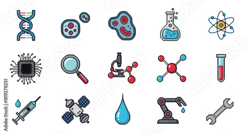 Science and technology icons: pixel art style with laboratory and engineering tools